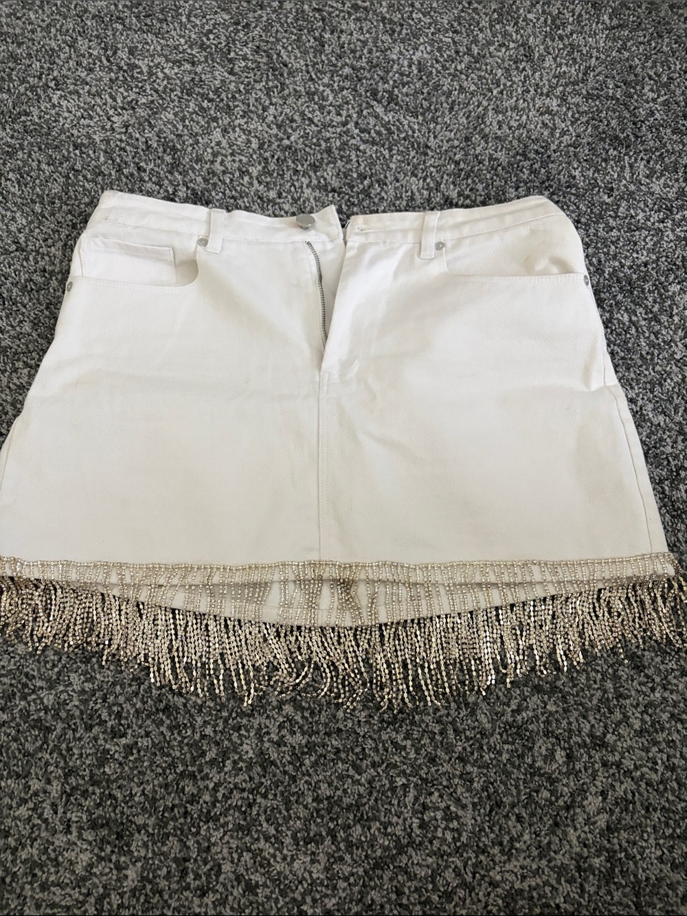 Blank NYC White Denim Mini Skirt with Beaded Fringe